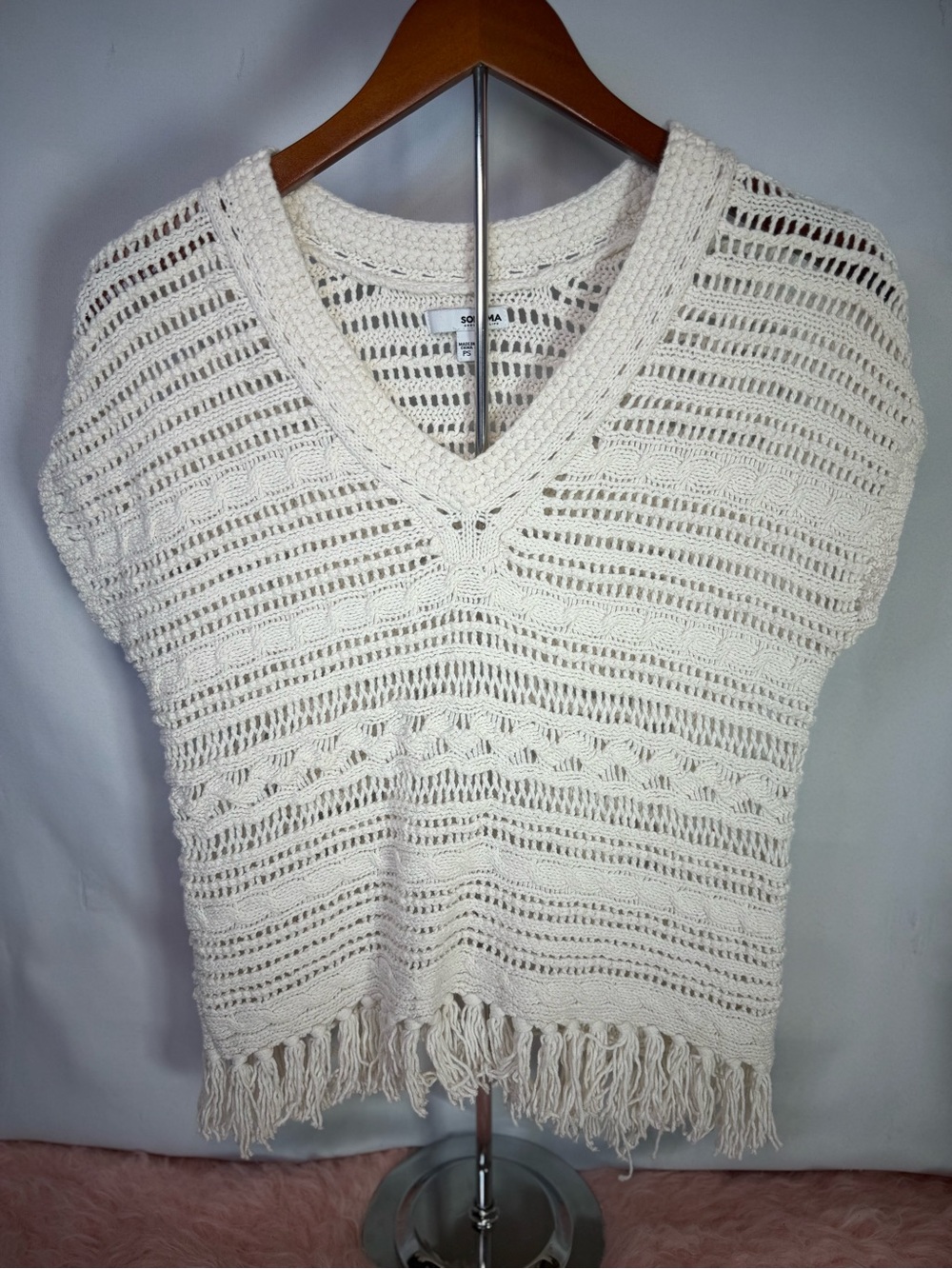 Sonoma - 100% Cotton Crochet V-Neck Fringe Pullover Sweater in Ivory - Size PS
